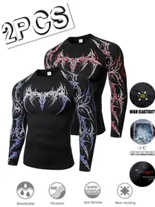 Men's New Professional Sport Quick-Dry Fitness Top, Printed Long Sleeve, High Elasticity, Moisture-Wicking, Suitable for Running Gym Daily Wear
