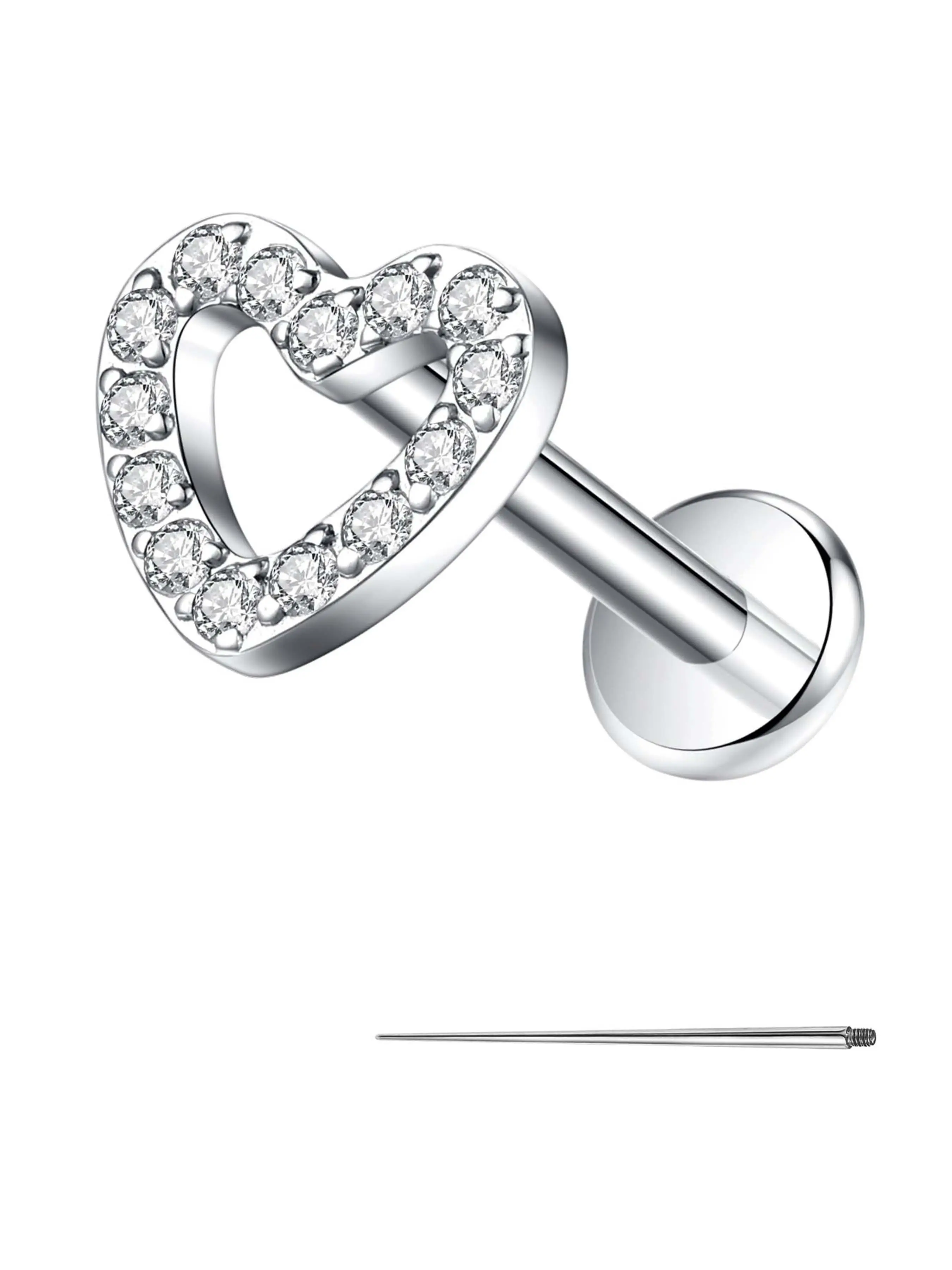 G23 Titanium Heart Flat Back Cartilage Stud Earrings with Cubic Zirconia - 16G 8mm Internally Threaded Helix Tragus Conch Medusa Labret Lip Piercing Jewelry - Hypoallergenic for Women Single Piece