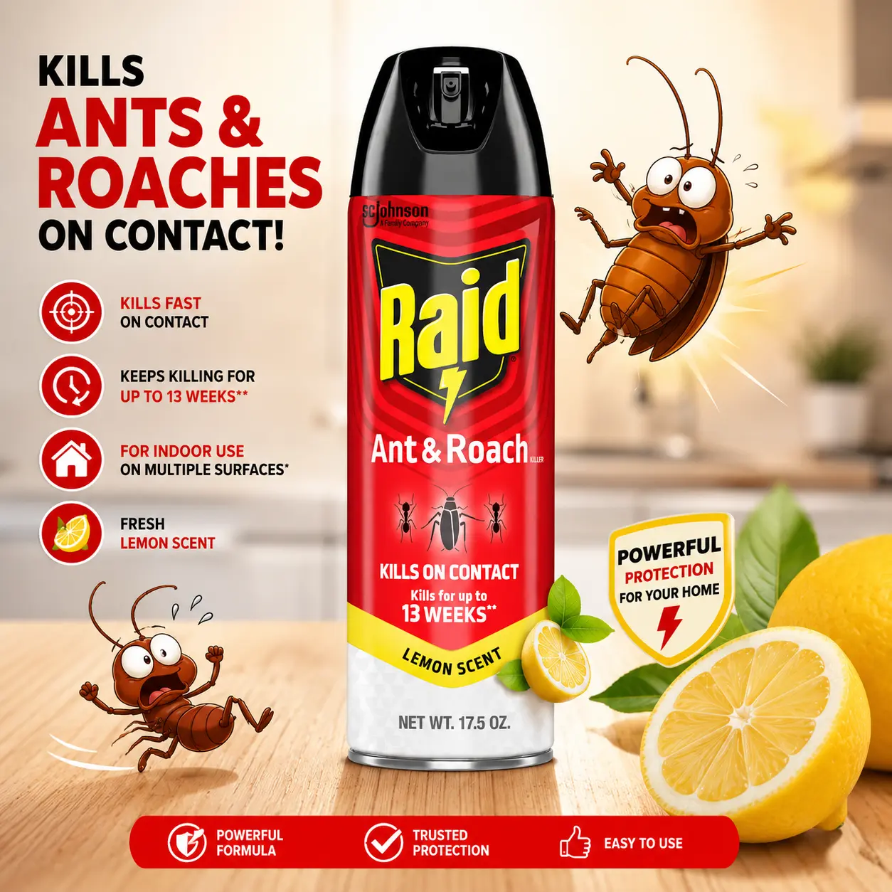 Raid Ant & Roach Killer Spray For Listed Bugs, Keeps Killing for 13 Weeks, Lemon Scent, 17.5 oz