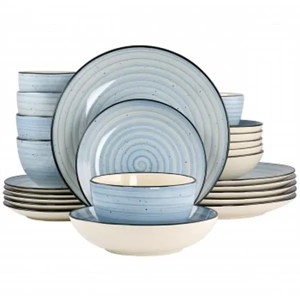 212 MAIN Gia 24-Piece Casual Stackable Light Blue Round Swirl Hand-Painted Kitchen Tableware Dinnerware Set