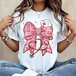 Nurse Bow Stethoscope Xo Print T Shirt White Casual Loose Fit For Everyday Wear And Light Activities