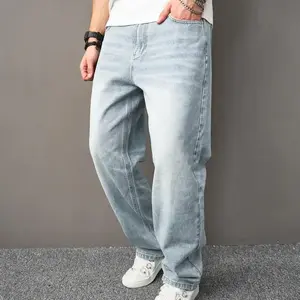 Loose jeans men's multi pocket tattered straight leg men's carpenter fashionable comfortable work pants men's underwear plain color casual men's jeans pants street wear light beige loose pants tight jeans men's style
