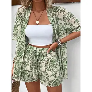 Two-Piece Set Women's Plants Print Top & Elastic Waist Shorts, Casual Short Sleeve Top & Wide Leg Shorts for Holiday Vacation, Ladies Summer Clothes Matching Clothing Set