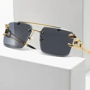 Vintage Luxury Golden Fahsion Glasses Cool Tiger Stand Women's Frameless Black For Men And Women Outdoor Travel Anti Glare Glasses012