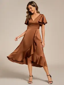Ever-Pretty V-Neck Midi Wedding Guest Dress with Ruffled Skirt - Comfortable Womenswear for Special Occasions 02318