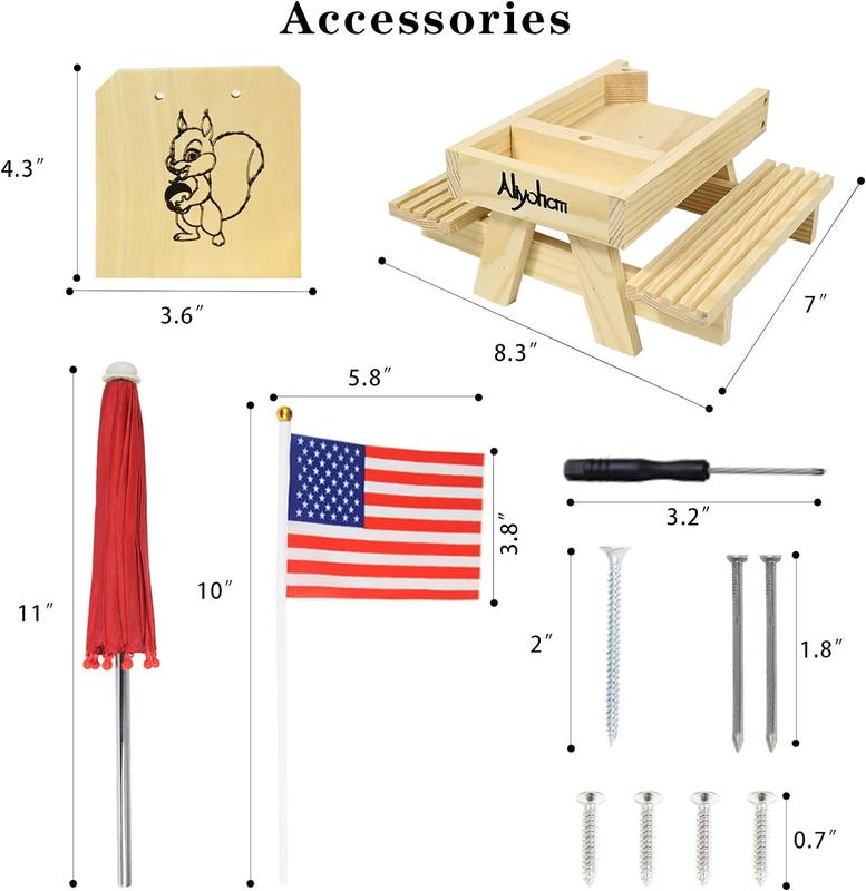 Upgraded Squirrel Feeder for Outside Picnic Table with Umbrella and Flag, Corn Cob Holder & Peanuts Seeds Loader, Gift for Squirrel and Chipmunk Lovers, Garden Ornaments, Squirrel House