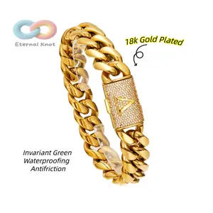 14mm Miami Cuban Link Bracelet 18K Real Gold Plated Stainless Steel Solid Bracelet Initial Letter A-Z for Mens Womens Hip Hop Jewelry 7.5in/ 8.5in name Bracelet woman birthday gift