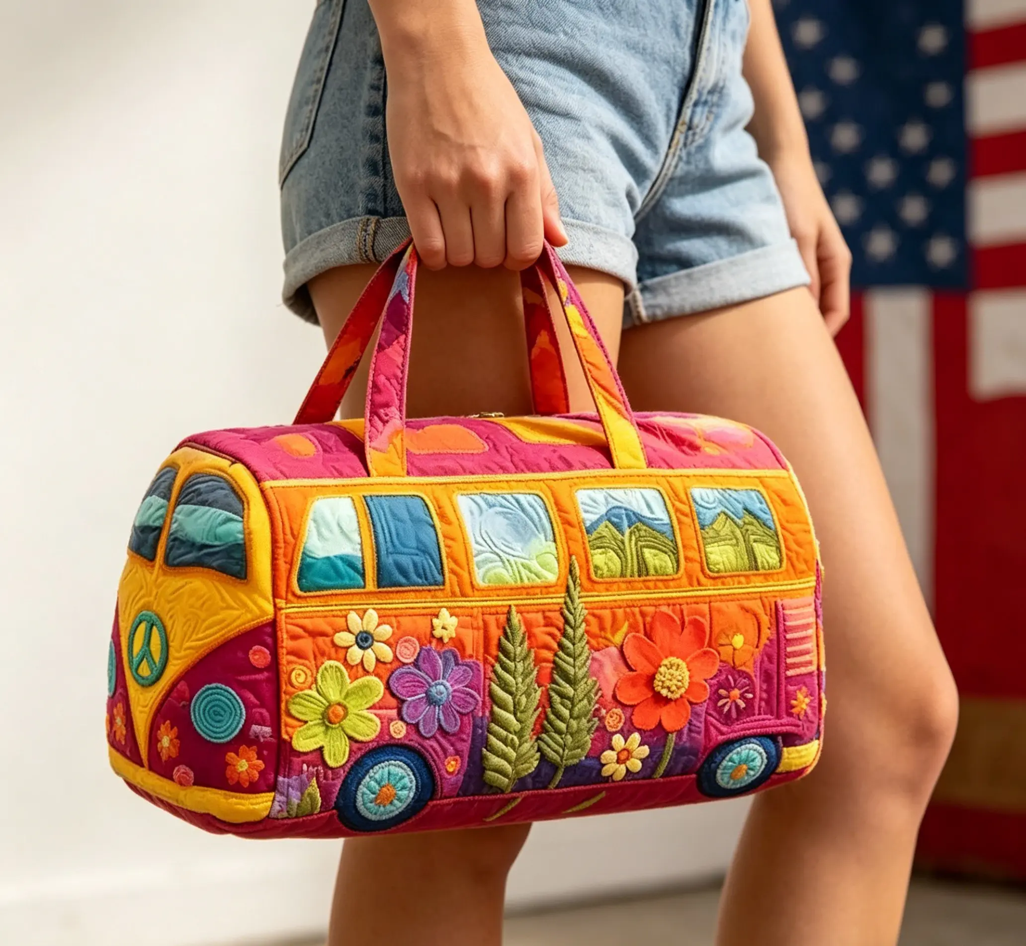 18" Hippie Bus Duffle Bag for Summer Travel Boho Floral Quilted Travel Bag, Colorful Plant Print Handbag for Women, Festival & Beach Overnight BagVintage Van Print Duffle Bag, Colorful Vacation & Festival Carryall Women’s Trendy Festival Bag