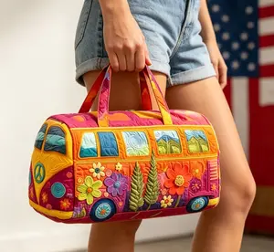 18" Hippie Bus Duffle Bag for Summer Travel Boho Floral Quilted Travel Bag, Colorful Plant Print Handbag for Women, Festival & Beach Overnight BagVintage Van Print Duffle Bag, Colorful Vacation & Festival Carryall Women’s Trendy Festival Bag
