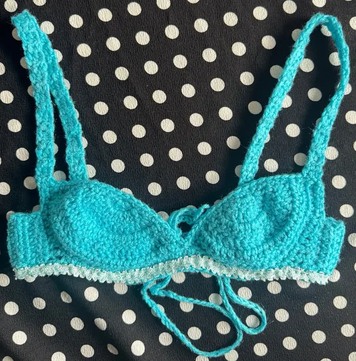 Luna Crochet Knit Women's Lace Trim Balconette Bralette Bra Blue Brey Womenswear