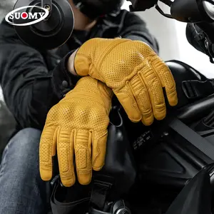Suomy Summer Genuine Leather Motorcycle Gloves, Breathable Full Finger Touchscreen Retro Riding Gear, Anti-Drop Protection Motorbike Gloves for Men and Women