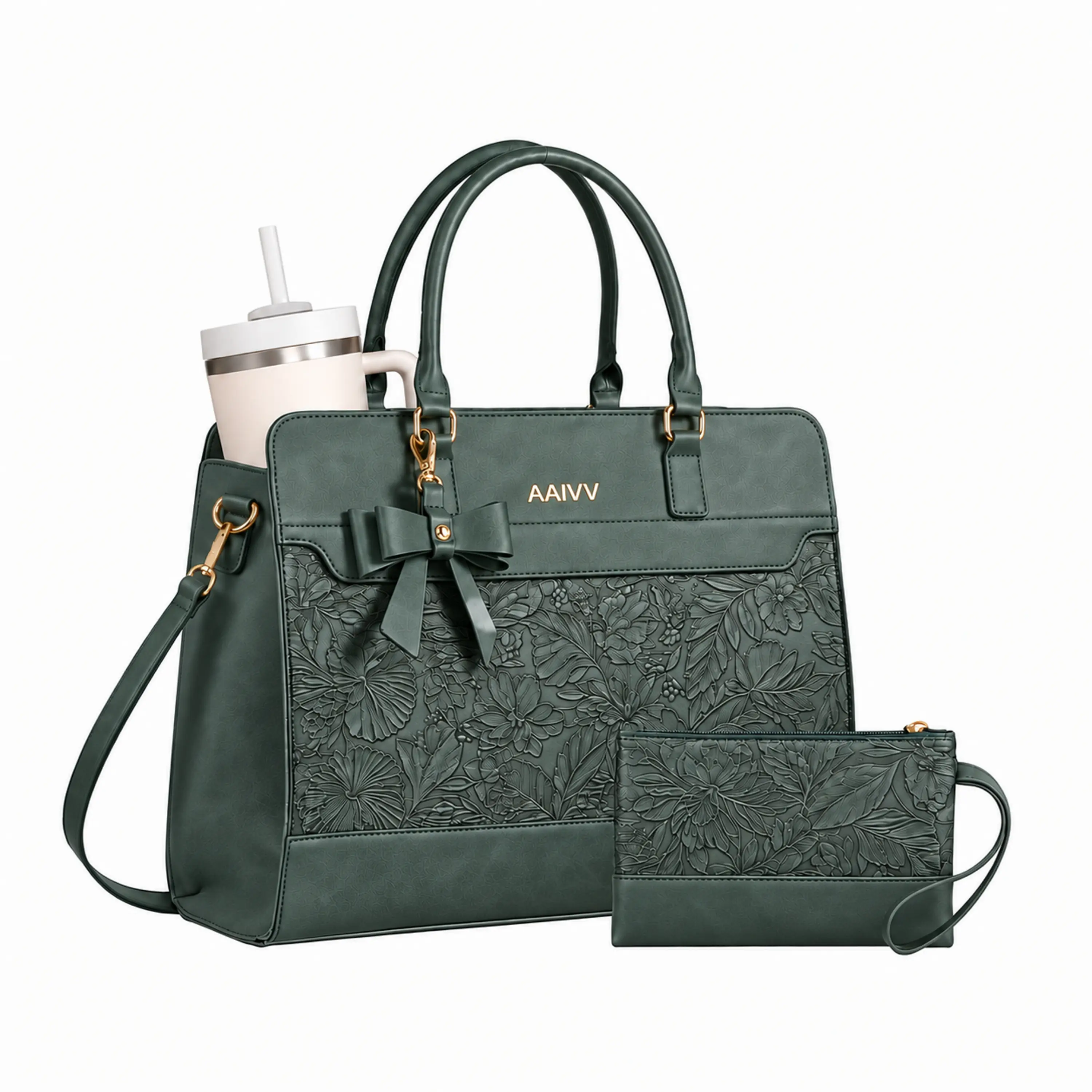 AAIVV Tote Set for Women, Brown Floral PU Leather 15.6 Inch Laptop Bag, Crossbody Work Purse with Cup Holder & Wristlet for Office, Travel(Green)