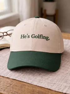 Embroidered Golf Hat, He's Golfing Cap, Vintage Dad Hat, Funny Golf Hat, Unisex Baseball Cap, Gift for Golfer, Minimalist Embroidery Hat