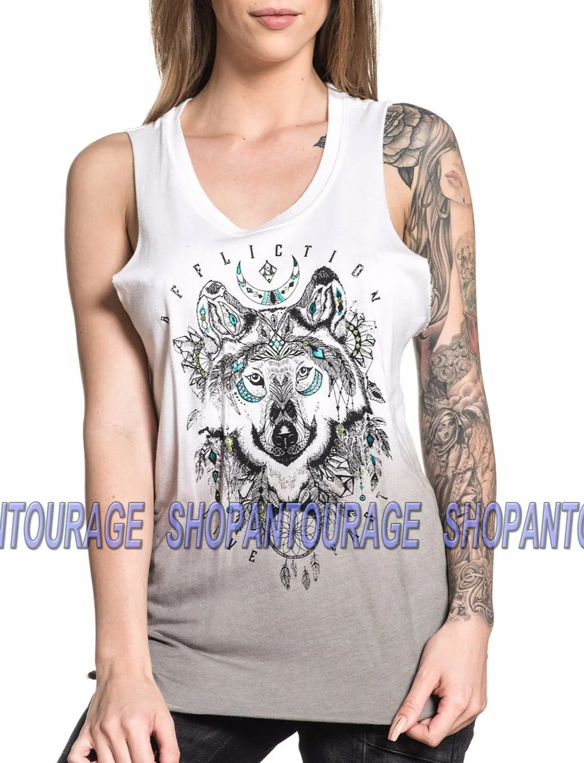Affliction Women's Tank /Top T-shirt Wolf Spirit Raw Edge