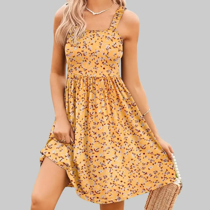 ZEAGOO Women's Cute Fitted Light Summer Floral Square Neck Sleeveless A-Type Swing Mini Casual Sundress with Pockets, Women's Clothes Ideal for Cruise Outfits