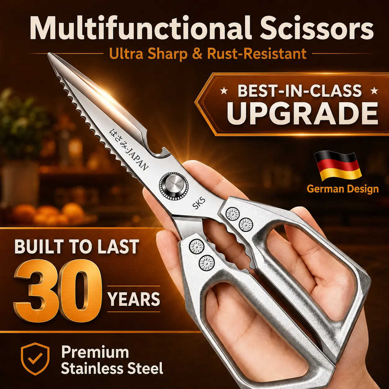 Premium Heavy Duty Kitchen Shears, 8.4 oz All-Metal SK5 Steel Poultry Scissors, Sharp Multi-Purpose Shears for Chicken, Meat, Seafood & Everyday Food Prep