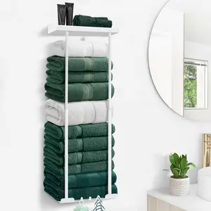 30 inch Wall-Mounted Bathroom Towel Storage Rack - Retractable Shelves, Hooks, 6 Large Towel Capacity, Versatile Accessory for Small Spaces & Kitchen, White