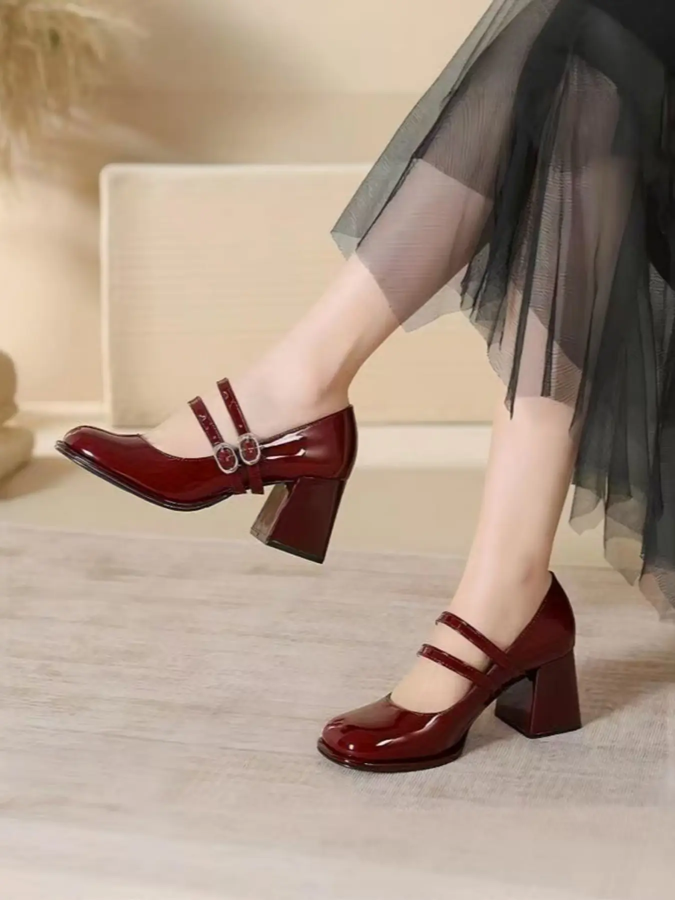 Women's Patent Leather Mary Jane Shoes, Buckle Shoes, Thick High Heels, Classic Retro Vintage French Style, Stylish Elegant, Valentine’s Day Gift, Women's Casual Shallow Single Shoes, Rubber
