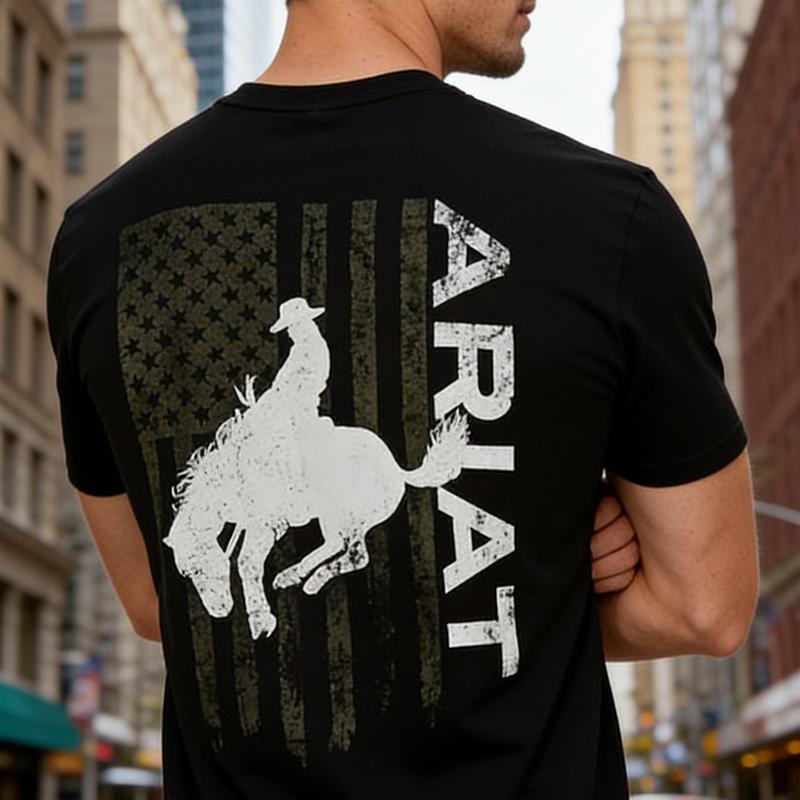 AR Rodeo Rider On Horseback With American Flag Design Casual Graphic Print Short Sleeve Crew Neck T-Shirt Vintage God's Plan Cool Grandpa Grandma Nickname Anime Acid Washed Retro Heart Hands USA Mexico Unisex boxy fit shirt gorlock destroyer