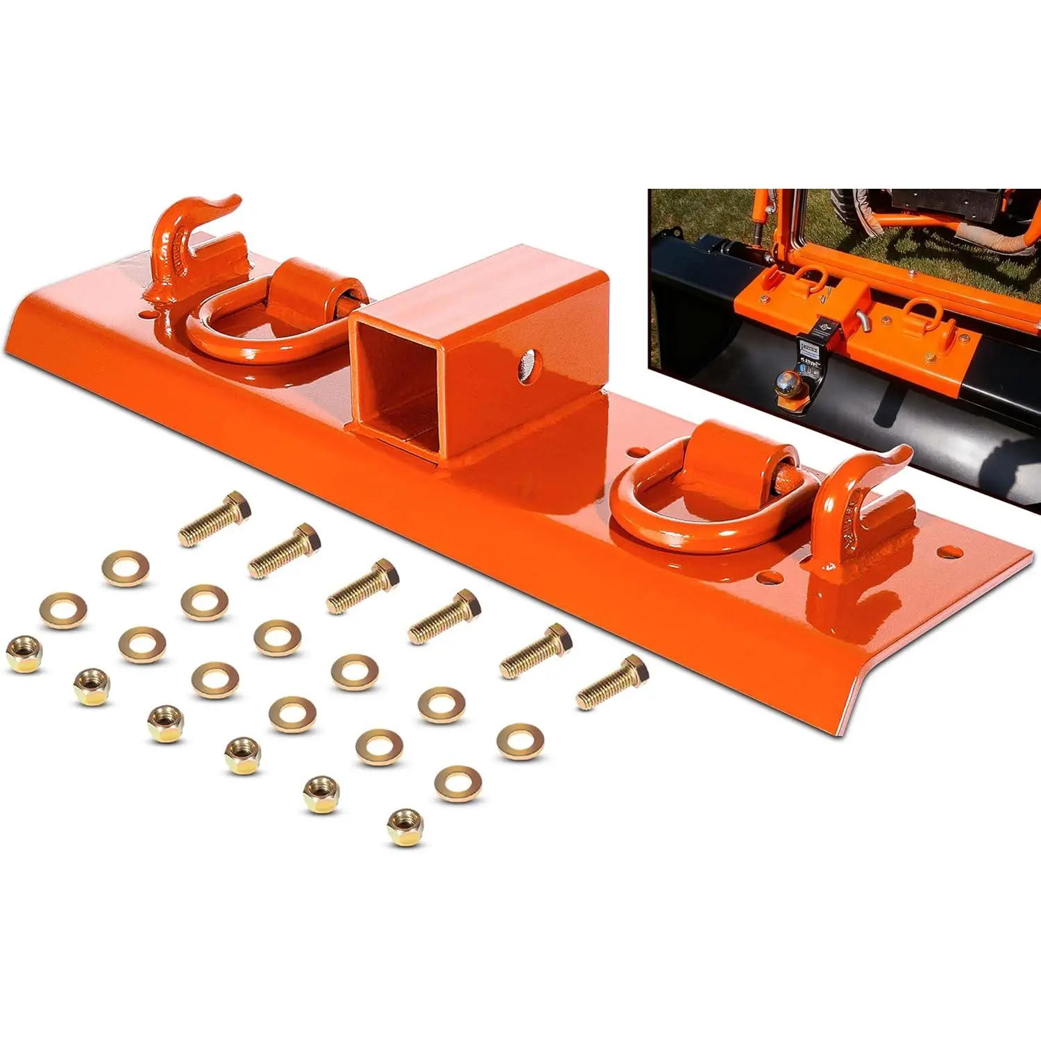 Tractor Grab Hooks Compatible with Kubota Tractors - Bolted on Compact Tractor Bucket Grab Hooks with D Rings and 2" Receiver, Orange