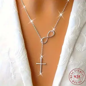 S925 Sterling Silver Infinity Cross Pendant Necklace for Women, Religious Faith Jewelry, Hypoallergenic Y2K Lariat Necklace Gift