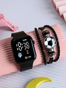 2PCS LED Square Digital Casual Watch for Boys and Girls, Stylish Soccer Bracelet for Daily Wear, Perfect for Back to School Sales