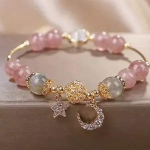 Fashion Strawberry Crystal Beaded Bracelet Friendship Bracelet for Girls Star Moon Pendant Jewelry