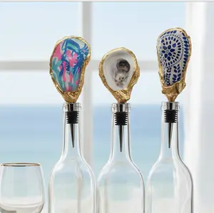 Luxury Coastal Oyster Shell Wine Stopper with Gold Rim & Stainless Steel Base for Elegant Wine Storage and Special Occasions