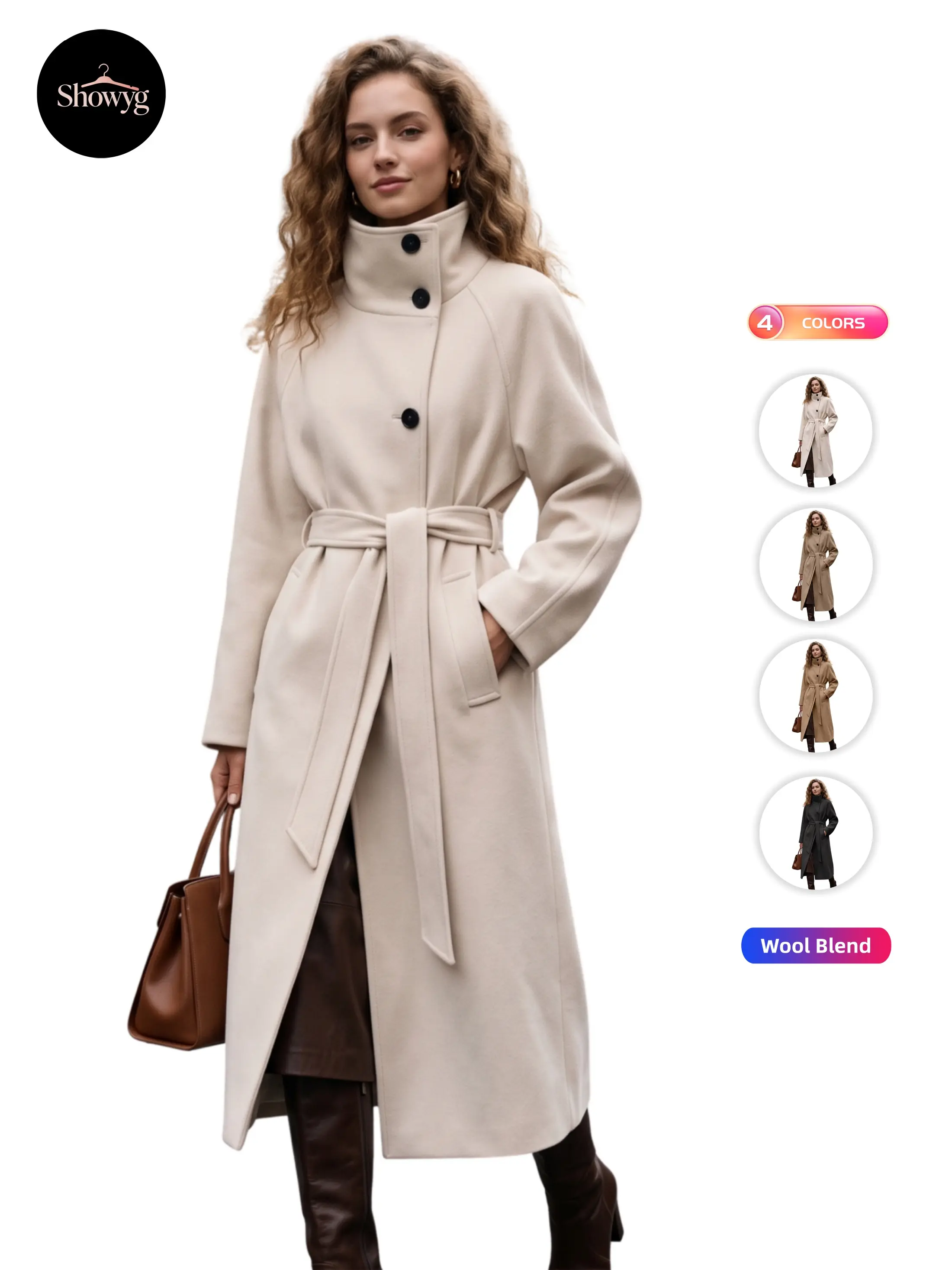 Showyg Women's Stand Collar Belted Long Wool Blend Coat, High Neck Raglan Sleeve Oversized Midi Woolen Outerwear With Pockets
