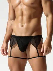 Men's Breathable Lace Thong Underwear, Sheer Party Style U-Shaped Pouch, Comfortable Thin Fashion Low Waist Slim Fit Briefs Set of Two
