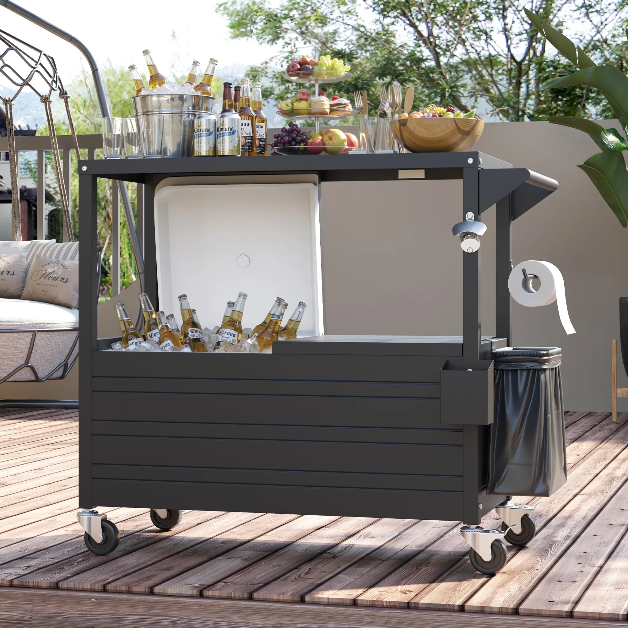UDPATIO 80QT Reverse Metal Outdoor Cooler Bar Cart with Top Prep Table Surface, 48 Hours Ice Retention Mobile Patio Ice Chest, Heavy Duty Rolling Drinks Station with Wheels & Drain Plug for Backyard BBQ