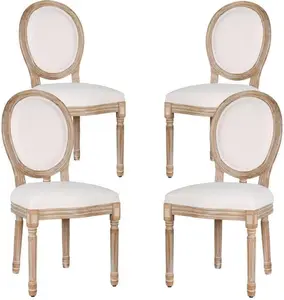 Polar Aurora Dining Chairs Set of 4, Beige French CountryStyle with Solid wood Legs, Rattan Fabric Round Back Options