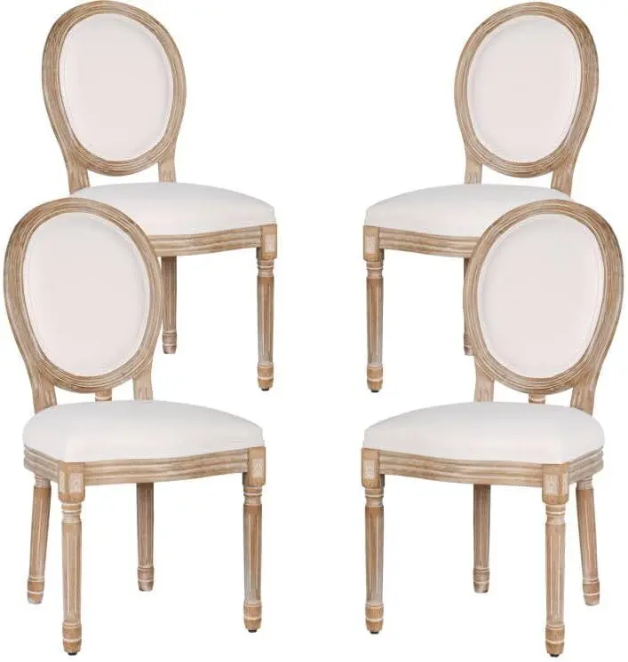 Polar Aurora Dining Chairs Set of 4, Beige French CountryStyle with Solid wood Legs, Rattan Fabric Round Back Options