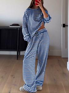 women's casual striped long sleeve top & pants set, comfortable loose-fitting home wear, fashionable two-piece for daily use