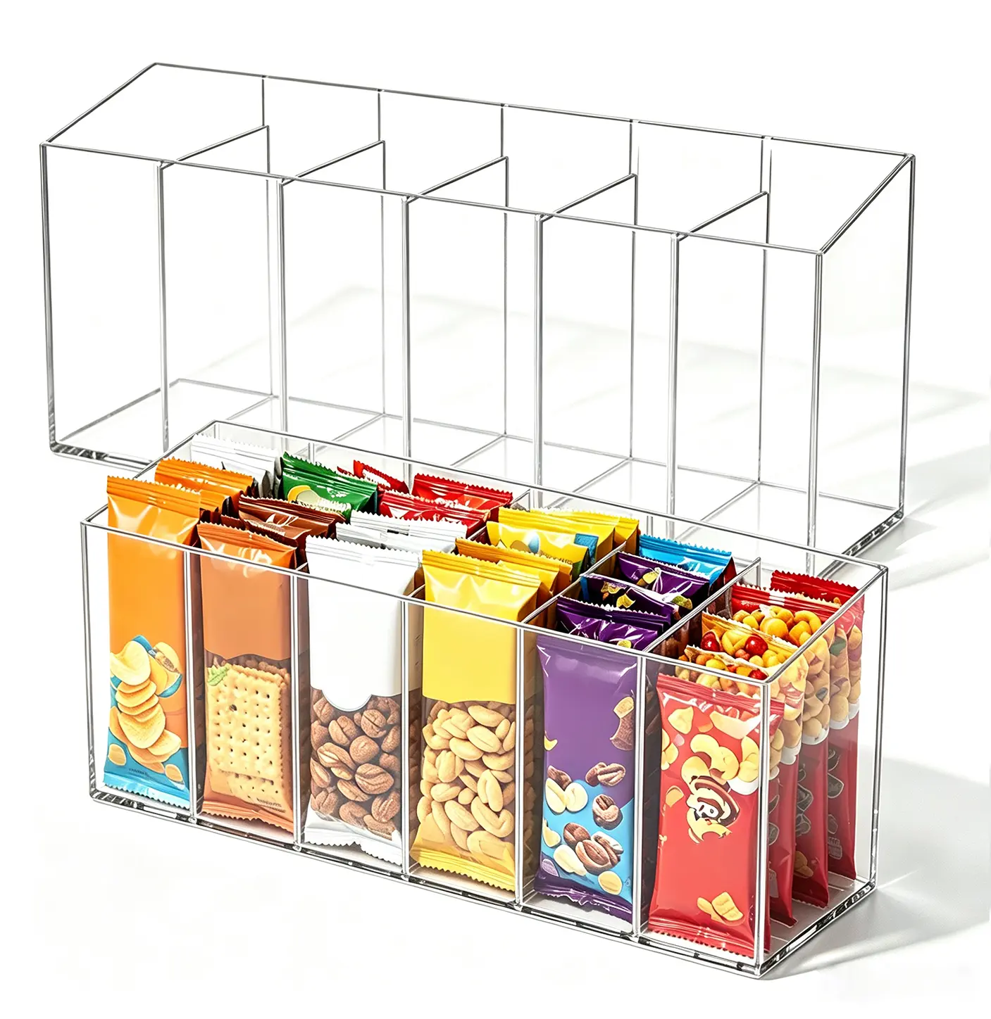 Lightweight Acrylic 6-Compartment Storage Organizer Box - Multifunctional, Durable Space Saver, Separator, Stackable Refillable Ingredient Pouch Storage Box for Pantry, Kitchen Food Packets, Snacks, Ingredient Pouch Storage Boxes, Separator Storage Boxes