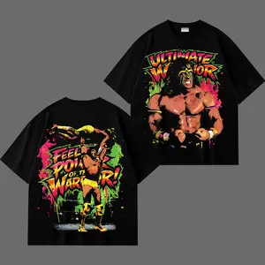 [WWE] Ultimate Warrior Feel The Power Wrestling Graphic T-Shirt, WWE Legend Inspired Streetwear Tee, Neon Warrior Vintage Style Shirt, Oversized Cotton Unisex Casual Outfit, WWE Retro Fan Apparel Gift