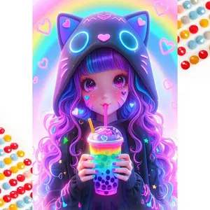 5D DIY Drill Round Diamond Painting, Diamond Painting Kits - Diamond Art Kit Rainbow Milk Tea, Cat Ear Hat, Mosaic, Canvas - DIY Decorative Painting, Home Wall Decor, for Halloween, Christmas, Birthday & Anniversary Gifts