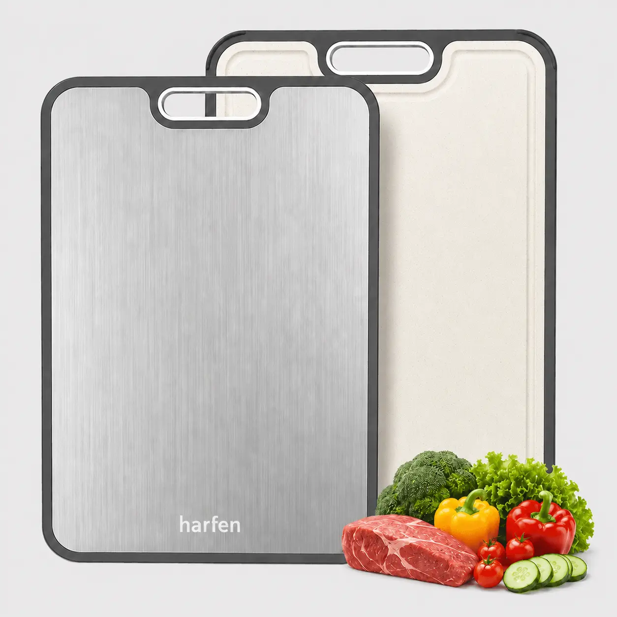 Harfen 2-in-1 Stainless Steel & Non-Toxic PP Cutting Board - Infused Chopping Board for Kitchen, Double-Sided Design for Food Separation, Easy to Clean, Ideal Kitchen Gift