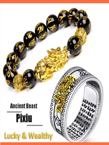Men's Pi Xiu Bracelet Ring Set, Feng Shui Buddhist Beaded Bracelet, Quartz Buddha Beads, Wealth Good Luck Accessory
