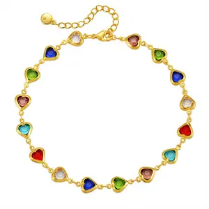 Women's heart-shaped bracelet, gold-plated delicate heart-shaped pendant bracelet, chain bracelet, colored cubic zirconia chain pendant bracelet