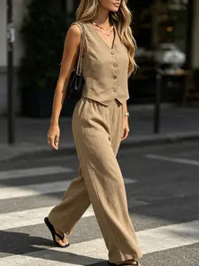 Two piece set of women's fashionable light and mature commuting suit with sleeveless vest and high waisted wide leg pants, suitable for summer, daily commuting to work, shopping, traveling, and casual temperament