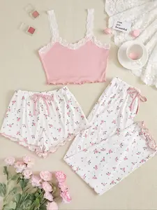 Women's 3-Piece Pajama Set, Lace Trim Spaghetti Strap Top + Shorts & Pants, Floral Print, Casual All-Season Sleepwear