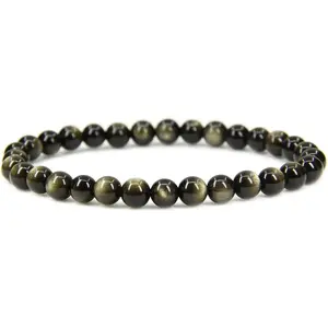 Natural AA Grade Golden Obsidian Gemstone 6mm Ball Beads Stretch Bracelet 7" Unisex