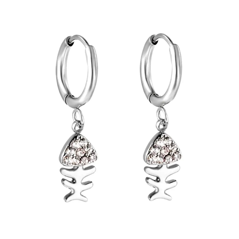 Crystal Fishbone Dangling Huggie Hoop Earrings - Pair - 304 Stainless Steel