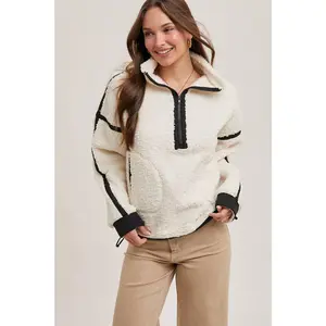 HALF ZIP SHERPA FLEECE TOP WITH POCKETS: IVORY & BLACK