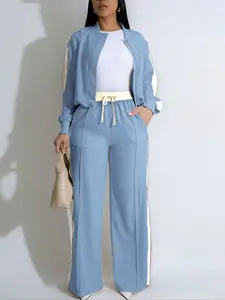 Women's Two-Piece Spring Sportswear Set: Breathable Lightweight Casual Long-Sleeve Patchwork Top & Wide-Leg Pants for Daily Wear