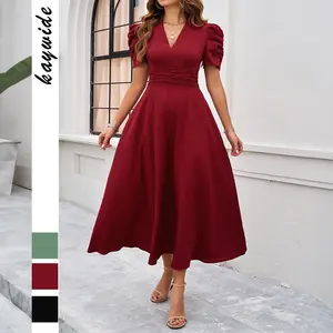 Temperament high-waisted and high-quality solid color waist-hugging short-sleeved dress