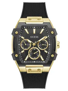 GUESS Male Gold-Tone and Black Silicone Multifunction Watch