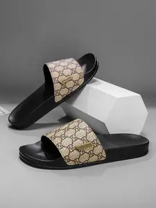 Men's Classic Print Sandals, Premium Leather Upper, PVC Sole, Fashion Style, Less Than Ankle Height, Comfortable and Stylish Footwear, Slide