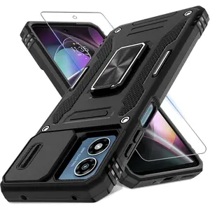 Case Compatible with Moto G Play 4G 2024 with Slide Camera Cover+Screen Protector (1 Pack),Rotated Ring Kickstand Military Grade Shockproof Protective Cover -Black